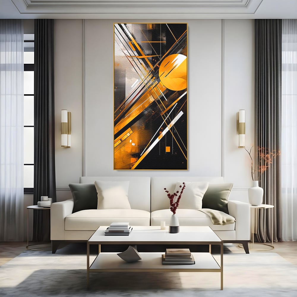 Tablou canvas cu tablou canvas cu forme geometrice abstracte, in rama de aluminiu auriu, pe perete intr-un living